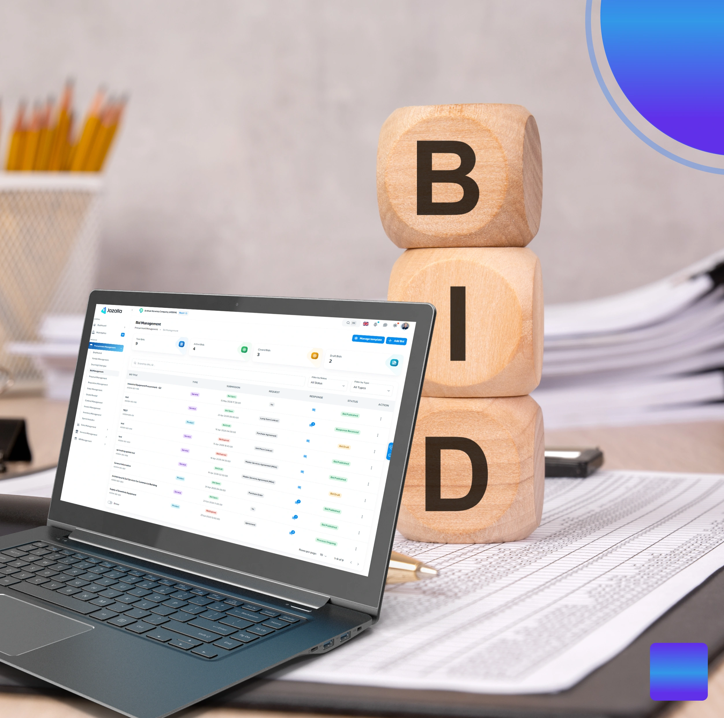 Bid submission and tender evaluation dashboard in Jazalla Procurement