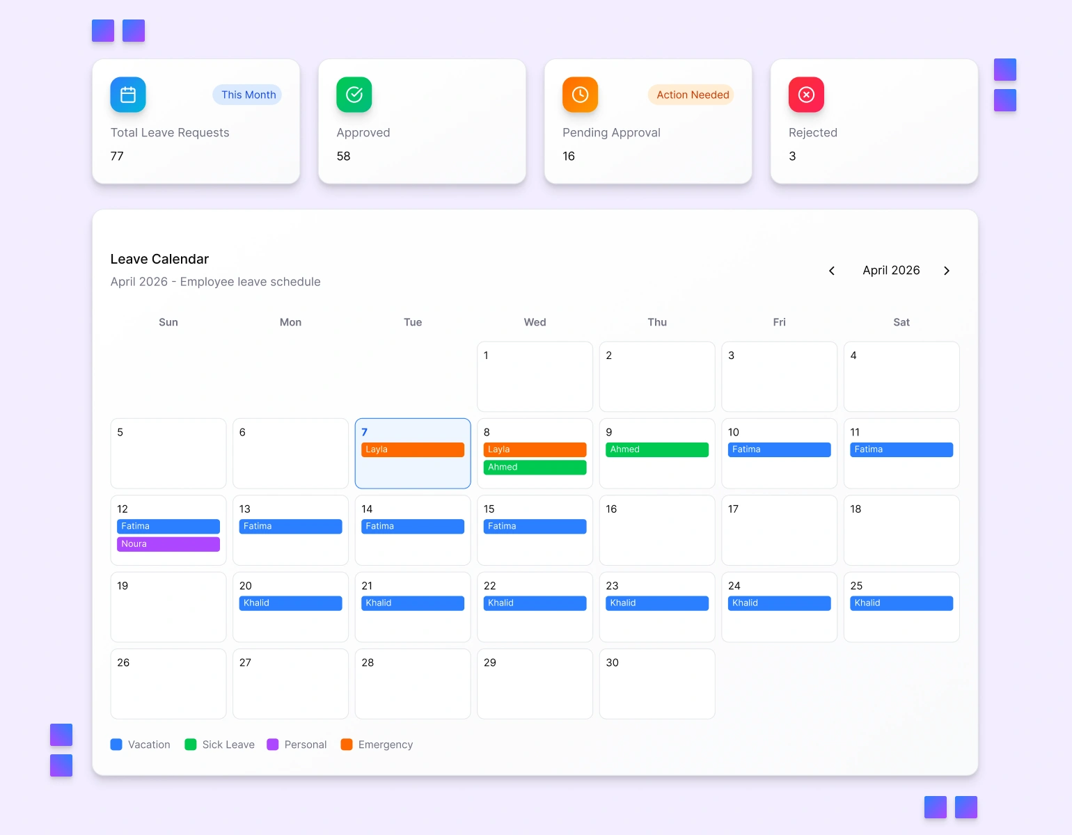 Employee attendance logs, check-in records, and leave request balance