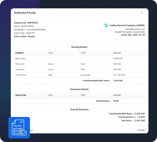 Employee digital payslip view, salary breakdown, and deduction details